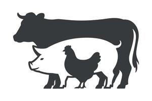Stylized Farm Animals Silhouette Illustration Featuring a Cow Pig and Chicken in a Stacked Composition on a White Background vector