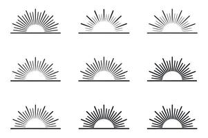 Collection of Nine Sunburst Graphic Elements with Varying Line Densities and Lengths Isolated on White Background Perfect for Logos and Design Projects vector