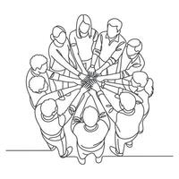 Continuous Line Drawing of Diverse Group Joining Hands in Unity and Teamwork Symbolizing Collaboration Support and Shared Goals in a Business or Community Setting vector