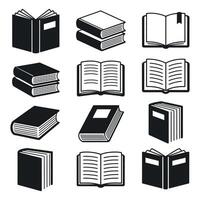 Collection of Nine Different Book Icons in Black and White Depicting Open and Closed Books Stacked Books and Books with Bookmarks in Format vector