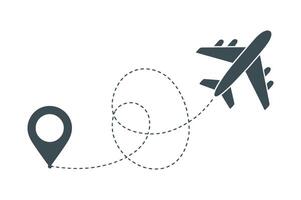Airplane Flight Path Icon with Destination Pin and Dotted Line Representing Travel Tourism and Navigation on a Clean White Background dark gray airplane vector
