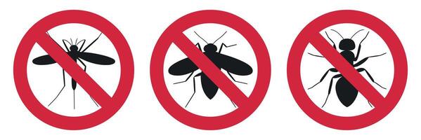 No Insect Pests Allowed Sign with Mosquitoes and Ants in a Red Circle with a Line Through It on White Background vector