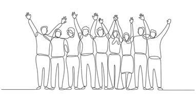 Continuous Line Drawing of a Group of People Cheering with Raised Hands Illustrating Teamwork Celebration and Unity in a Minimalist Style on White Background vector