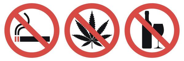 Prohibition Signs Depicting Cigarettes Marijuana and Alcohol Representing Restrictions on Substance Use and Promoting Healthy Lifestyle Choices with Clear Visual Communication The image vector