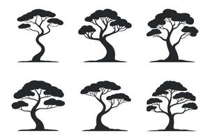 Set of Six Tree Silhouettes with Rounded Crown and Curved Trunk Isolated on White Background for Landscape Design and Nature Illustrations vector