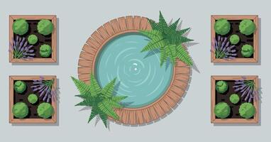 Top View of a Minimalist Garden with a Small Pond and Potted Plants with Lavender and Bushes vector