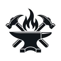 Blacksmith Logo Design with Anvil Hammers and Flame Silhouette Represents Metalworking Craftsmanship and Traditional Skills in a Simple and Modern Illustration vector