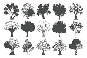 Collection of Fifteen Different Tree Illustrations in Black and White Featuring Various Shapes and Styles Perfect for Nature Themed Designs and Creative Projects vector