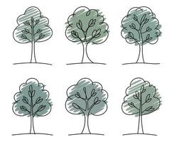 Six Simple Tree Illustrations with Green Foliage and Black Outlines on a White Background for Nature and Design Projects vector