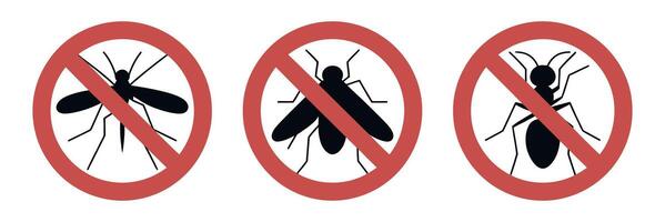 Stop Insects Icons Set Mosquito Fly and Ant in Red Prohibition Sign Isolated on White Background Pest Control Concept vector