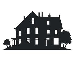Silhouette of a Large Victorian Style House with Trees and Shrubs in the Front Yard on a White Background vector