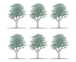 Set of Six Minimalist Birch Trees with Green Foliage and Black Branches on a White Background for Design Projects vector
