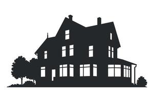 Silhouette of a Large Two Story Victorian House with Trees and Bushes in the Front Yard on a White Background vector