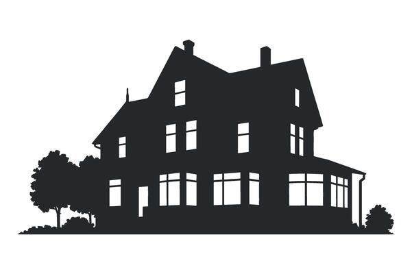 Silhouette of a Large Two Story Victorian House with Trees and Bushes in the Front Yard on a White Background