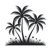 Elegant Silhouette of Three Palm Trees with Lush Grass and Flowers Isolated on White Background Ideal for Tropical and Summer Themed Designs vector