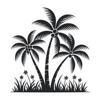 Silhouette Illustration of Three Palm Trees with Coconuts Grass and Flowers in a Tropical Setting Isolated on a White Background vector
