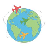 Global Air Travel Concept with Colorful Airplanes Flying Around the World on Dashed Routes in a Flat Design vector