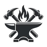 Blacksmithing Icon with Anvil Hammers and Flame Symbolizing Craftsmanship Metalworking and Traditional Skills in a Simple Bold and Striking Design vector