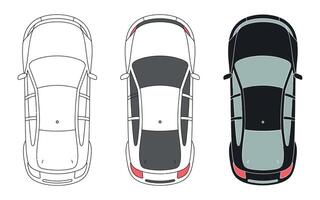 Three Cars Top View Illustration Outline Grayscale and Full Color Versions for Automotive Design and Presentation Purposes on a White Background vector