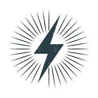 Vintage Style Lightning Bolt with Sunburst Rays and Distressed Texture Isolated on White Background for Energy Power Speed and Electricity Concepts vector