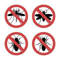 Set of Four Different Insects in a Red Circle with a Line Through It Indicating Prohibition and Pest Control vector