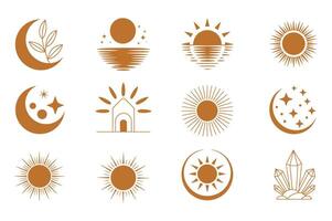 Collection of Minimalist Celestial and Natural Element Icons in Brown Tones on a White Background for Graphic Design and Branding vector