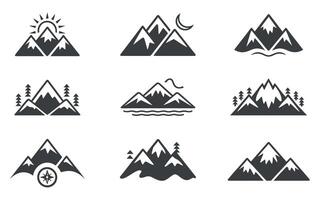 Set of Mountain Icons with Different Elements Like Sun Moon Trees Compass and Water in Simple Black and White Style vector