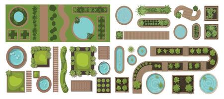 Top View Garden Design Elements with Ponds Paths Plants and Wooden Structures for Landscaping and Outdoor Space Planning and Architectural Visualization Purposes vector