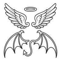 Angel and Devil Wings with Halo Outline Illustration for Good Versus Evil Concepts and Design Elements in Black and White vector