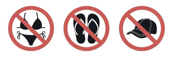 No Swimwear Flip Flops or Hats Allowed Sign with Red Circle and Line on White Background Illustration vector