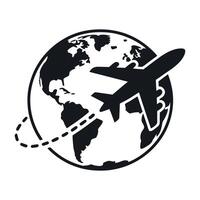 Global Air Travel Icon Depicting a Plane Flying Around the World with a Dotted Flight Path in Black and White vector