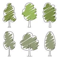 Set of Six Stylized Trees with Scribbled Green Foliage and Black Outlines Isolated on White Background Simple Tree Illustration Nature Concept vector