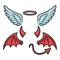Cartoon Angel and Devil Elements with Wings Halo Horns and Tail Isolated on White Background for Halloween or Fantasy Concept vector