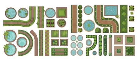 Top View Garden Landscape Elements with Pools Paths and Greenery for Architectural Design and Planning on White Background Isolated vector