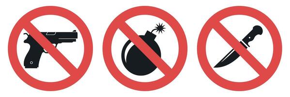 Prohibited Items Sign with Gun Bomb and Knife Depicting No Weapons Allowed Violence Prevention and Safety Regulations in a Restricted Area vector