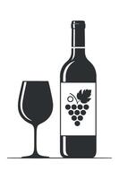 Elegant Wine Bottle and Glass Silhouette with Grape Label Design Perfect for Wine Related Projects and Designs in Black and White Style vector