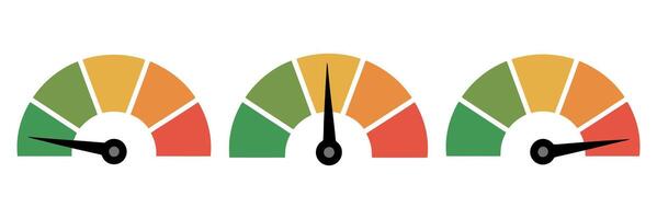 Three colorful gauges showing different levels of performance from low to high on a white isolated background illustration vector