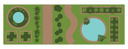 Overhead Garden Plan with Pond Path Trees and Flowerbeds in a Illustration for Landscape Design Projects vector