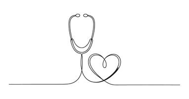 Continuous Line Drawing of Stethoscope and Heart Symbol for Medical Concept and Healthcare Isolated on White Background Illustration vector