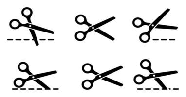 Set of Black Scissors Cutting Dotted Line Icons in Various Positions on White Background for Design and Creative Projects vector
