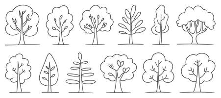 Set of Hand Drawn Trees Black Line Sketch on White Background Simple Tree Illustration for Coloring Book or Design vector