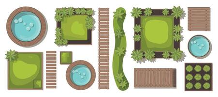 Top View Garden Landscape Elements with Hot Tubs Greenery Grass and Wooden Paths for Architectural Visualization and Design Projects vector