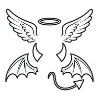 Angel and Devil Elements Outlined in Black and White with Wings Halo Horns and Tail for Design vector