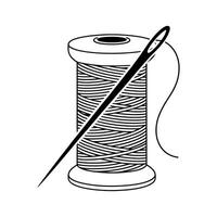 Simple Black and White Illustration of a Thread Spool with a Needle and Thread Attached to It vector