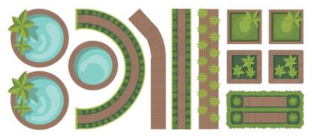 Garden Design Elements Top View Illustration for Landscape Architecture Plans and Outdoor Space Planning with Pools Paths and Greenery vector