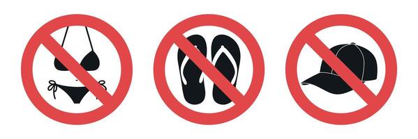 Prohibition Sign Set for Swimwear Flip Flops and Caps Indicating Restrictions on Attire and Footwear in Specific Areas or Establishments vector