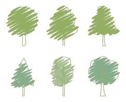 Collection of Six Hand Drawn Trees in Green Scribble Style on a White Background for Nature and Environment Concepts vector