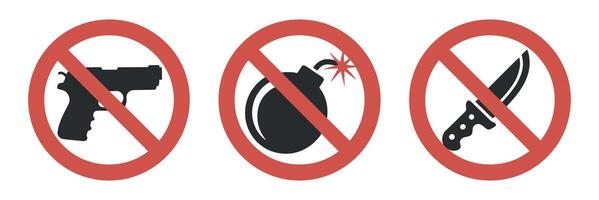 Prohibited Weapons Sign Featuring Gun Bomb and Knife with Red Circle and Slash on White Background for Safety and Security vector