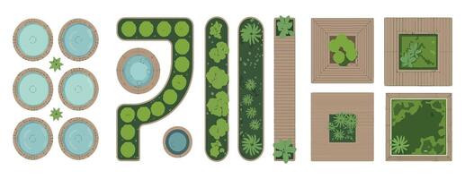 Landscape Architecture Plan View with Pools Greenery Trees Planters and Wooden Decking for Garden Design and Outdoor Space Planning Ideas vector