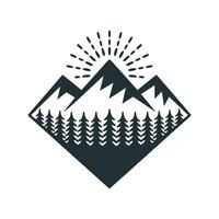 Monochrome Mountain Range with Forest and Sunburst in a Diamond Shape for Outdoor Adventure and Nature Inspired Designs and Logos vector